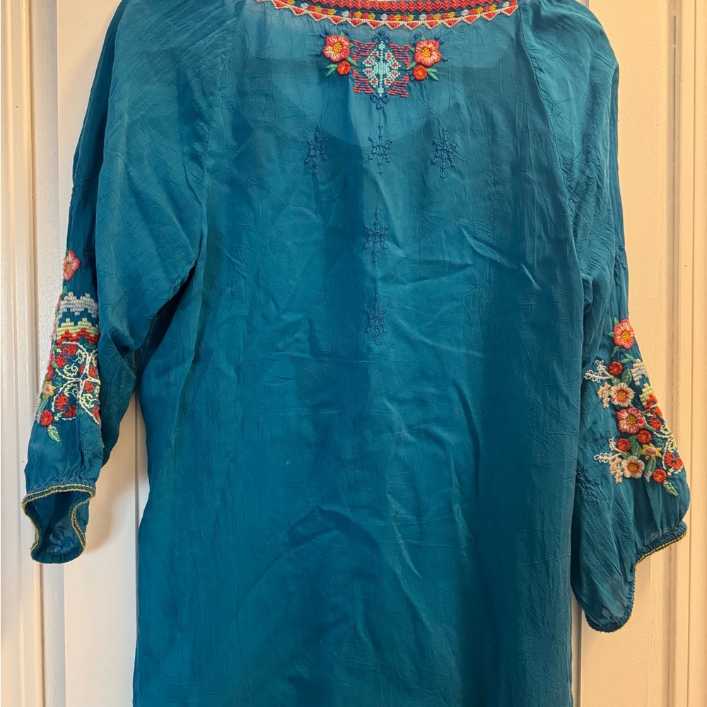 Johnny Was Embroidered Tunic Top Boho Teal Floral 3/4 Sleeve Size small - Picture 5 of 7